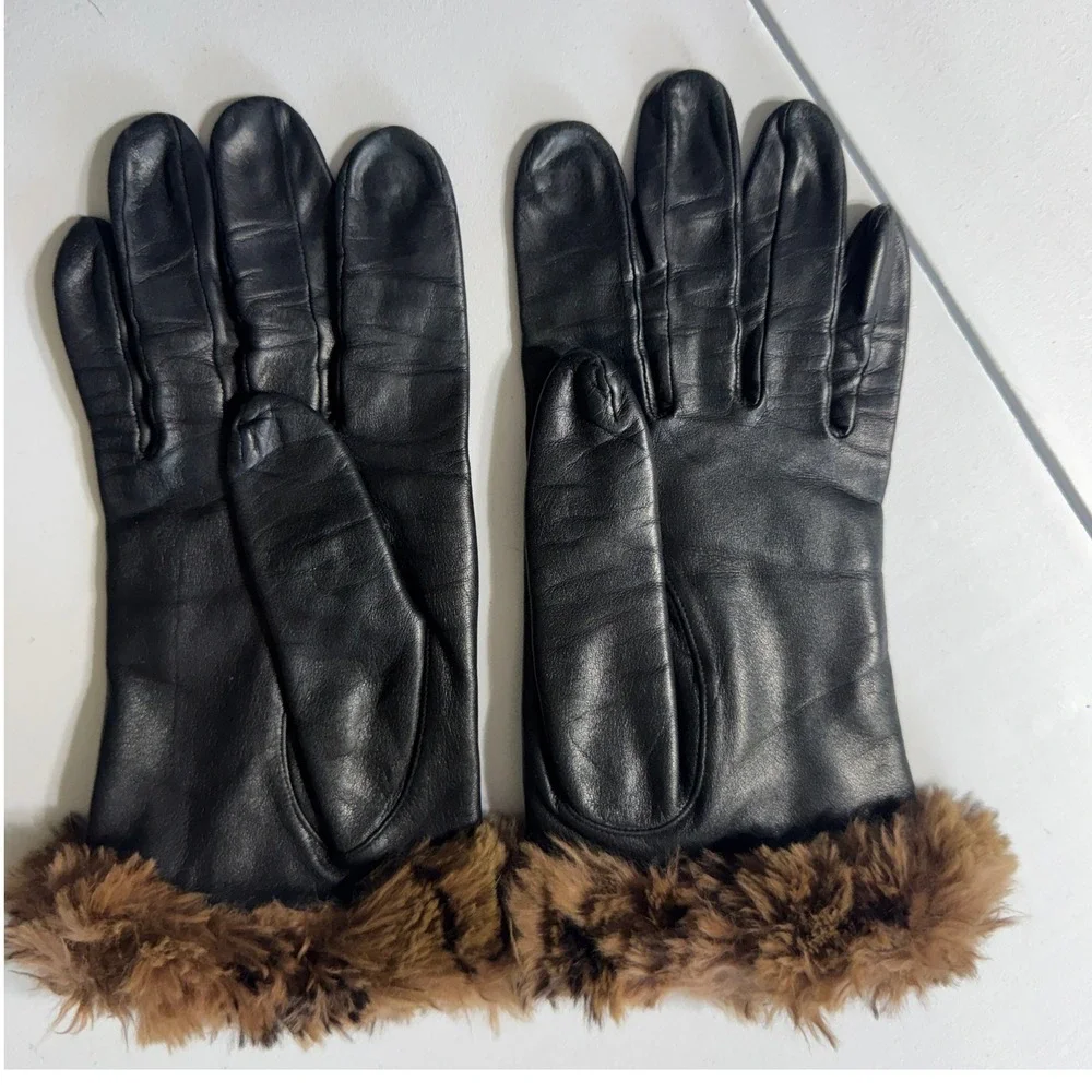 Leather Gloves Women M Black Faux Fur Trim Glam Mob Wife Aesthetic Vintage